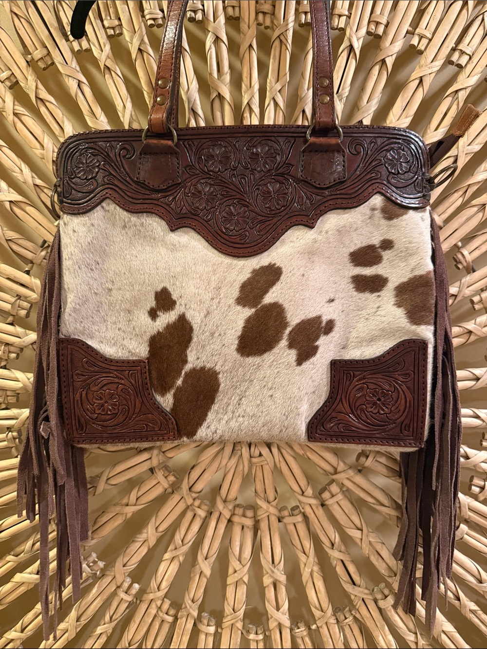 American Darling Brown & White Tooled Leather Fringe Shoulder Bag